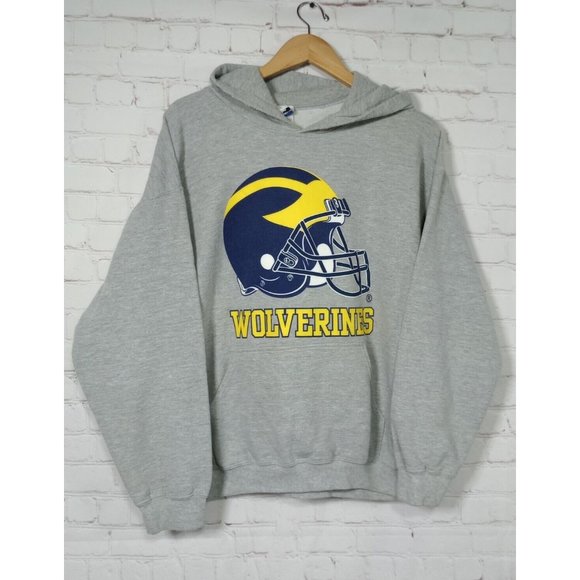 Vintage Michigan Wolverines Pullover Hooded Sweatshirt Gray Men's Large Helmet - Picture 1 of 10